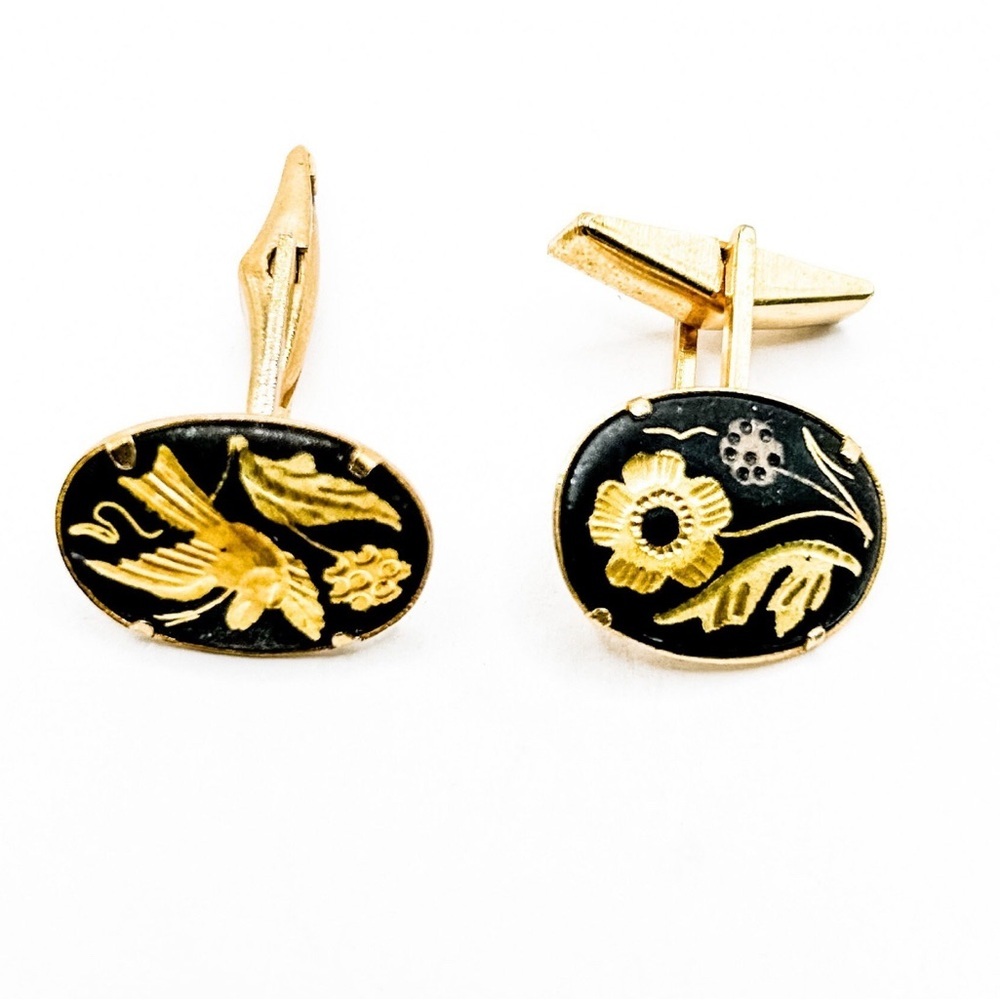 Vintage Damascene Cufflinks Black Gold floral 24k dainty luxury special occasion